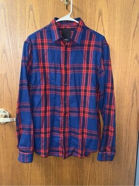H&M Men’s Regular Fit Red Royal Blue Plaid Flannel 100% Cotton Size M
